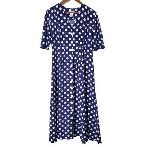 Vintage Express Polka Dot Dress 9/10 Blue White Button Front Rayon Midi Womens